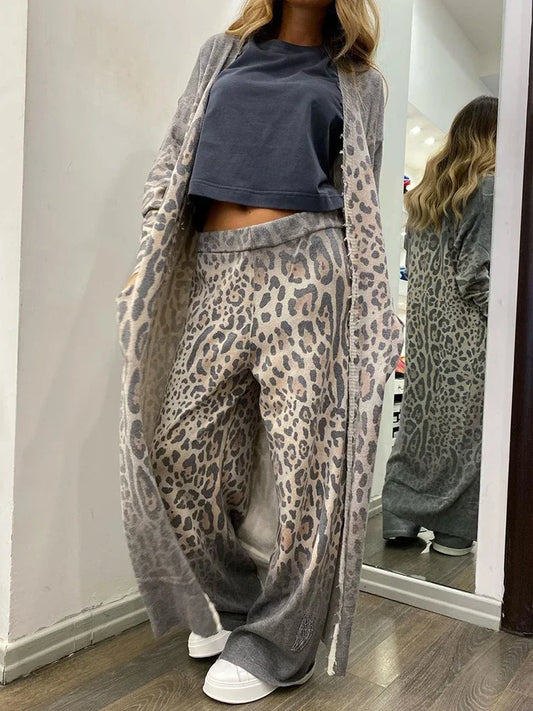Janice - Leopard Print Bag Long Sleeve Cardigan and Elastic Waist Pants Set